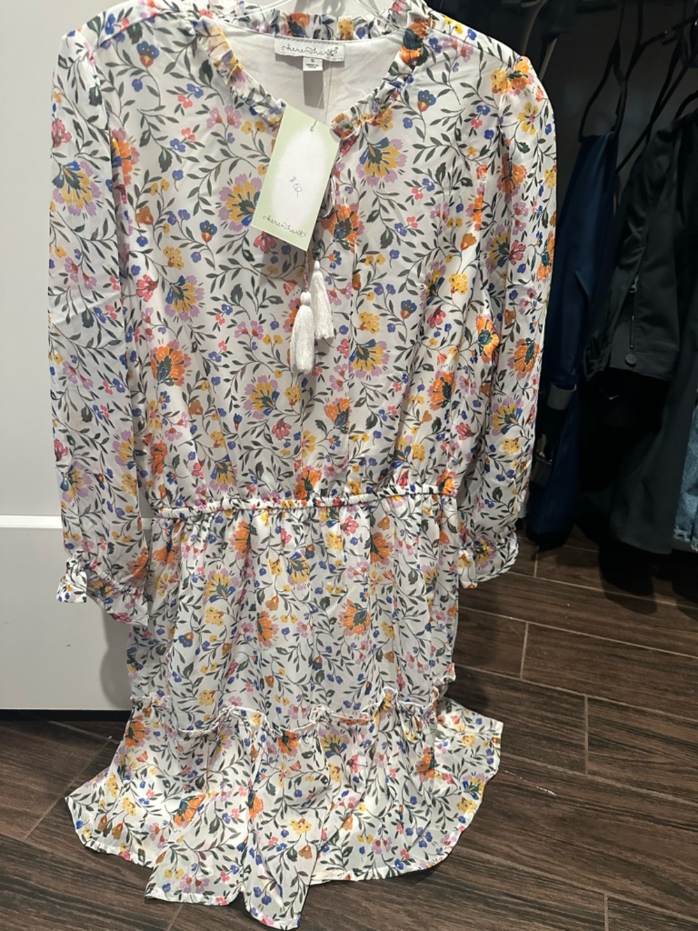 KEREN hart White Floral Long Sleeve Midi Dress with Tassel Tie